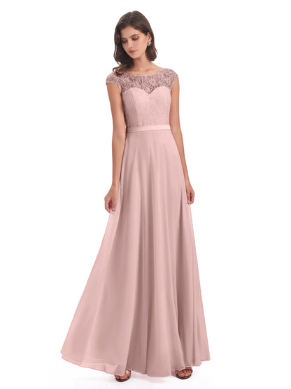 Treasure Cap Sleeves Lace Long Bridesmaid Dresses