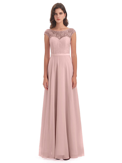 Treasure Cap Sleeves Lace Long Bridesmaid Dresses
