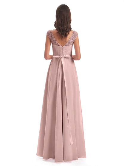 Treasure Cap Sleeves Lace Long Bridesmaid Dresses