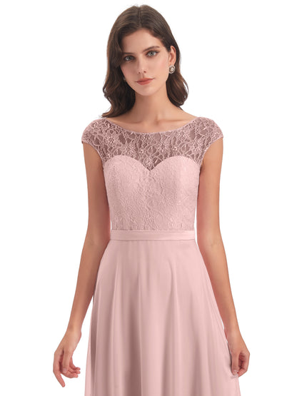 Treasure Cap Sleeves Lace Long Bridesmaid Dresses