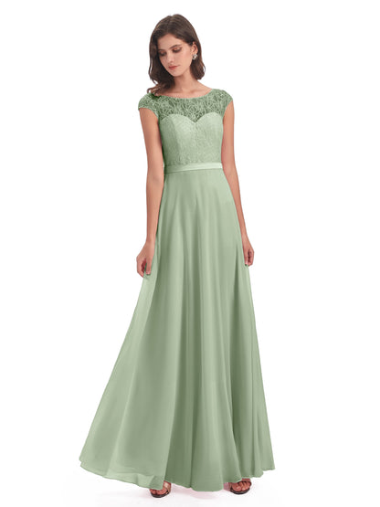 Treasure Cap Sleeves Lace Long Bridesmaid Dresses