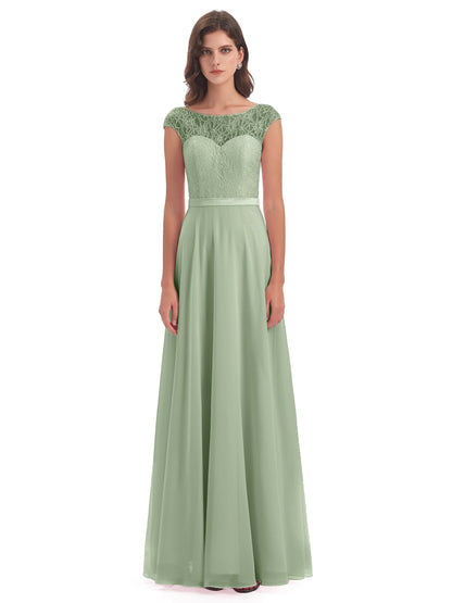 Treasure Cap Sleeves Lace Long Bridesmaid Dresses