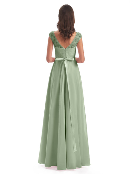 Treasure Cap Sleeves Lace Long Bridesmaid Dresses
