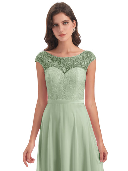 Treasure Cap Sleeves Lace Long Bridesmaid Dresses