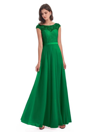 Treasure Cap Sleeves Lace Long Bridesmaid Dresses