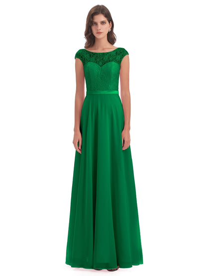 Treasure Cap Sleeves Lace Long Bridesmaid Dresses