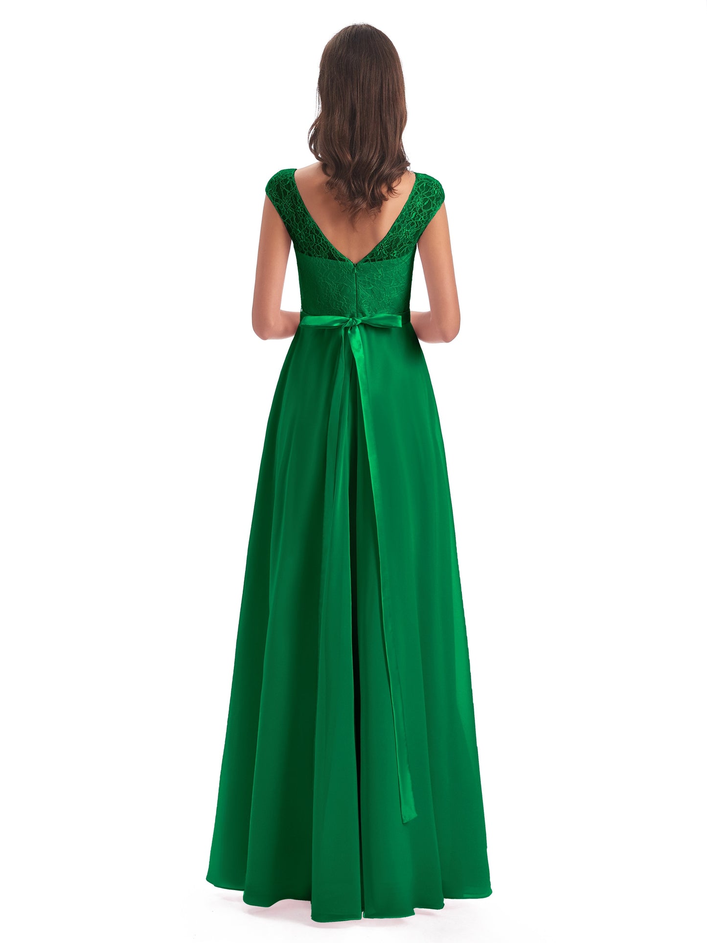Treasure Cap Sleeves Lace Long Bridesmaid Dresses