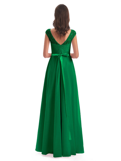 Treasure Cap Sleeves Lace Long Bridesmaid Dresses