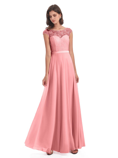 Treasure Cap Sleeves Lace Long Bridesmaid Dresses