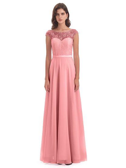Treasure Cap Sleeves Lace Long Bridesmaid Dresses