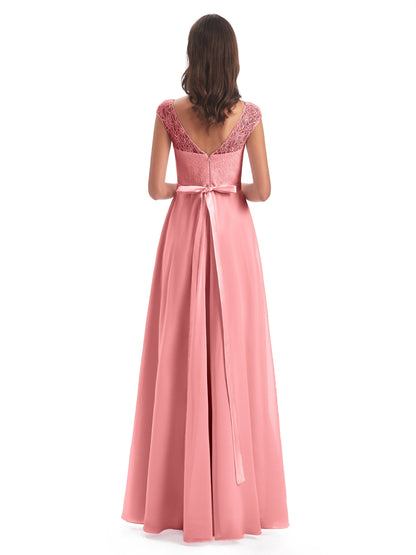 Treasure Cap Sleeves Lace Long Bridesmaid Dresses
