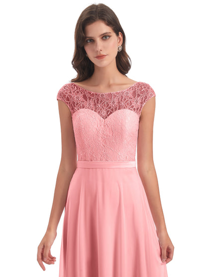 Treasure Cap Sleeves Lace Long Bridesmaid Dresses
