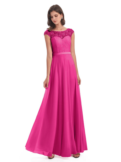 Treasure Cap Sleeves Lace Long Bridesmaid Dresses