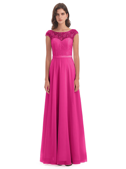 Treasure Cap Sleeves Lace Long Bridesmaid Dresses