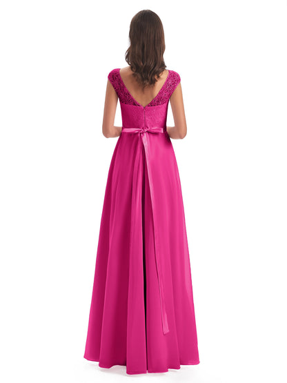 Treasure Cap Sleeves Lace Long Bridesmaid Dresses