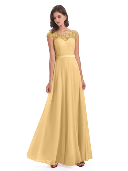 Treasure Cap Sleeves Lace Long Bridesmaid Dresses