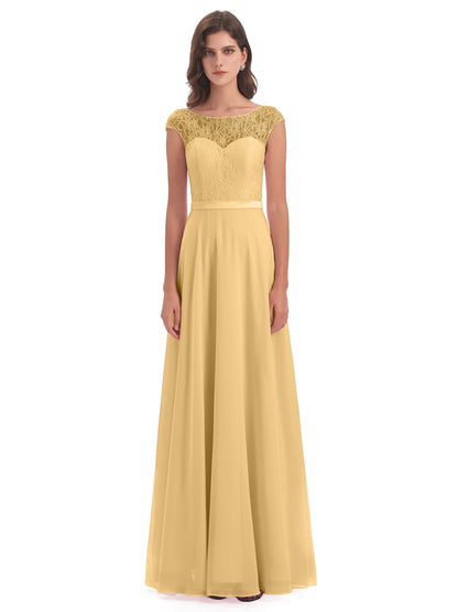 Treasure Cap Sleeves Lace Long Bridesmaid Dresses