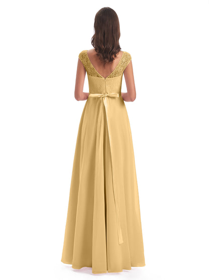 Treasure Cap Sleeves Lace Long Bridesmaid Dresses