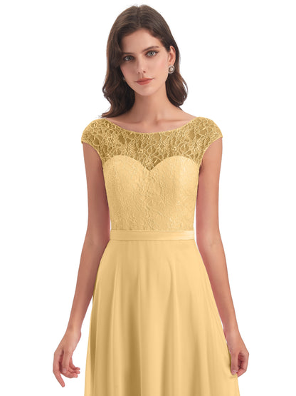 Treasure Cap Sleeves Lace Long Bridesmaid Dresses