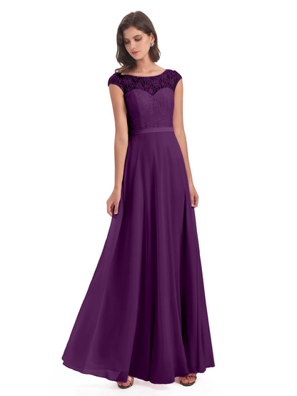 Treasure Cap Sleeves Lace Long Bridesmaid Dresses