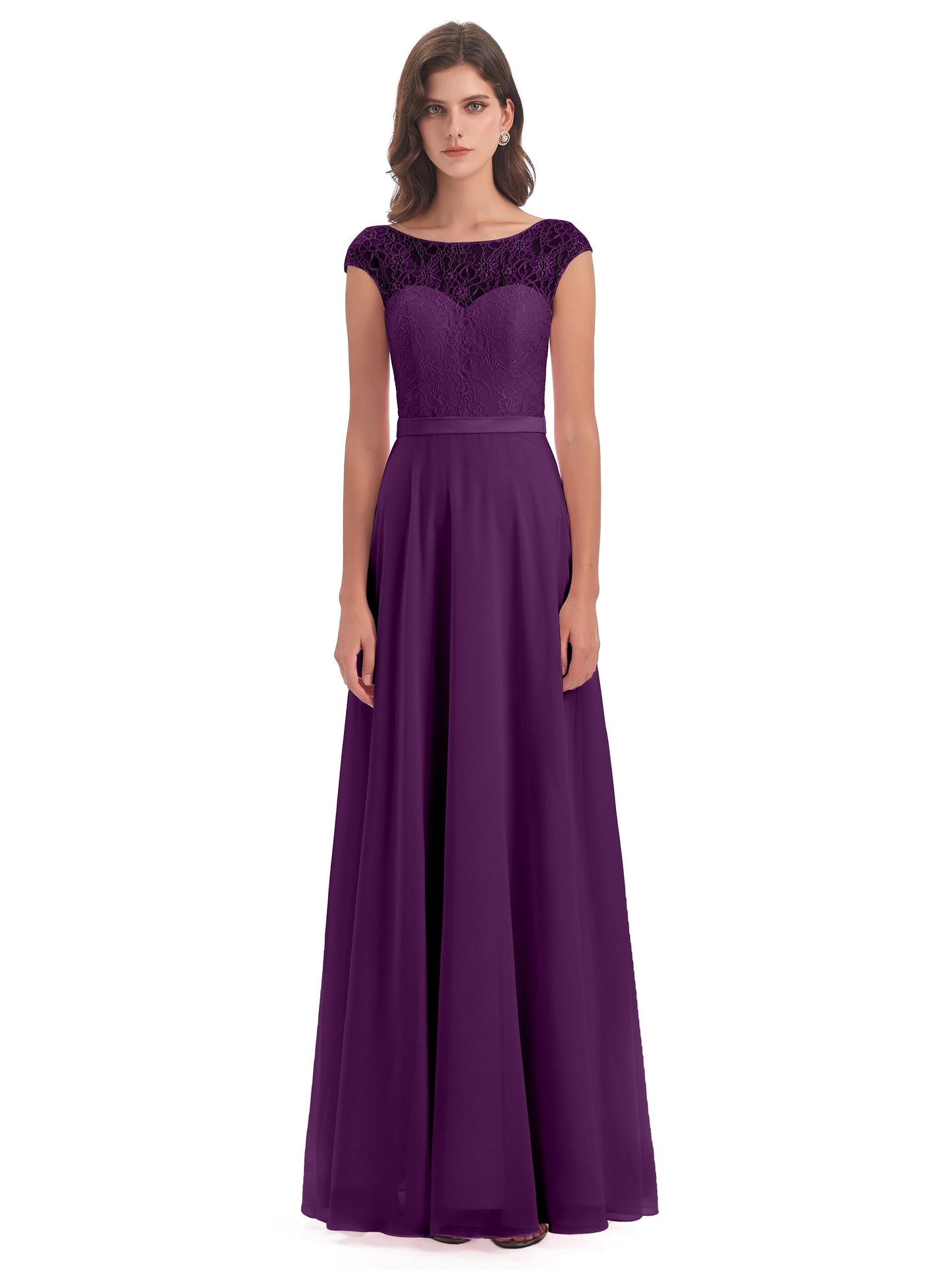 Treasure Cap Sleeves Lace Long Bridesmaid Dresses