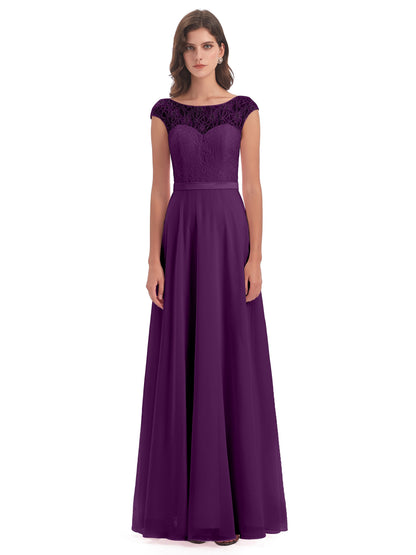 Treasure Cap Sleeves Lace Long Bridesmaid Dresses