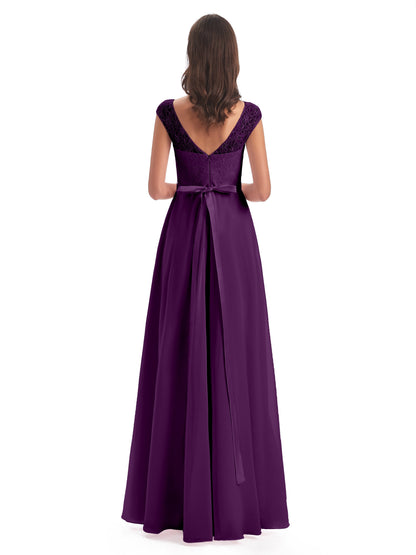 Treasure Cap Sleeves Lace Long Bridesmaid Dresses