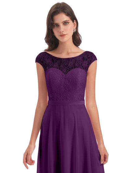 Treasure Cap Sleeves Lace Long Bridesmaid Dresses