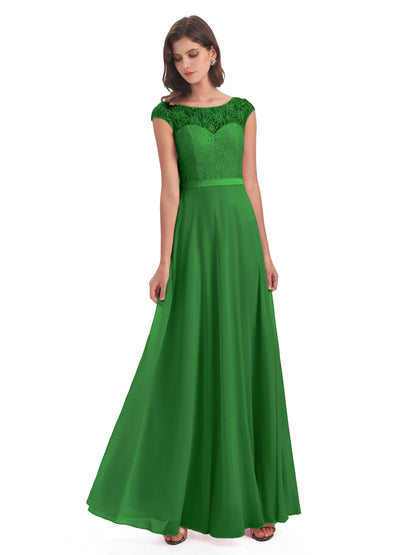 Treasure Cap Sleeves Lace Long Bridesmaid Dresses