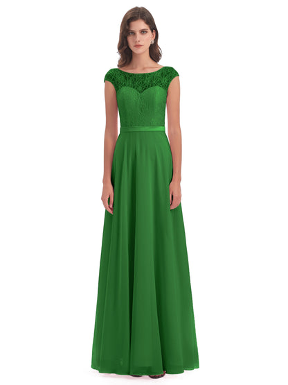 Treasure Cap Sleeves Lace Long Bridesmaid Dresses