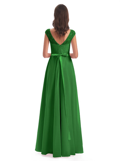 Treasure Cap Sleeves Lace Long Bridesmaid Dresses