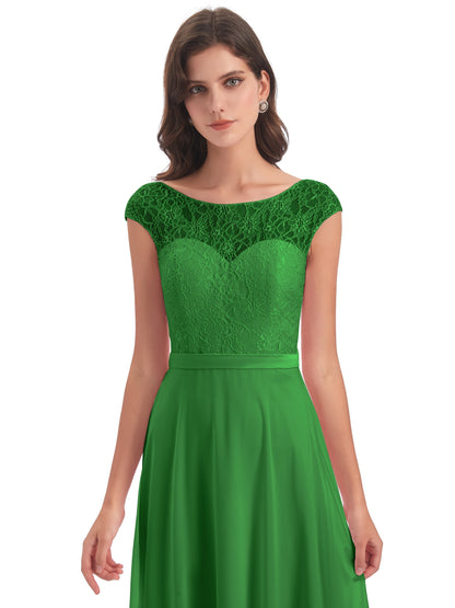 Treasure Cap Sleeves Lace Long Bridesmaid Dresses