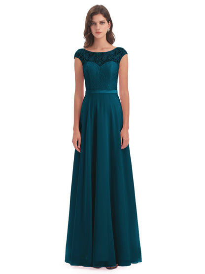 Treasure Cap Sleeves Lace Long Bridesmaid Dresses