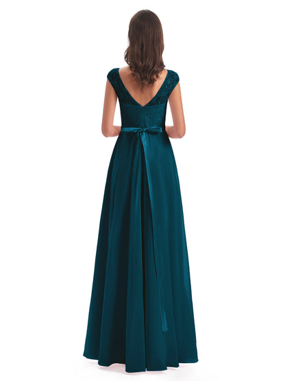 Treasure Cap Sleeves Lace Long Bridesmaid Dresses
