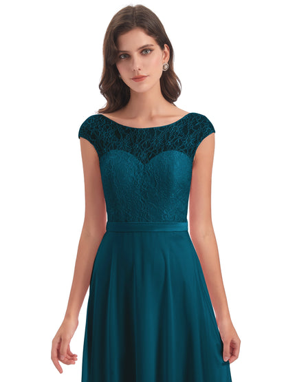 Treasure Cap Sleeves Lace Long Bridesmaid Dresses