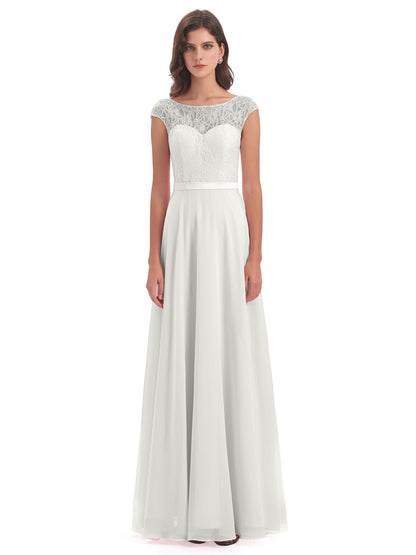 Treasure Cap Sleeves Lace Long Bridesmaid Dresses