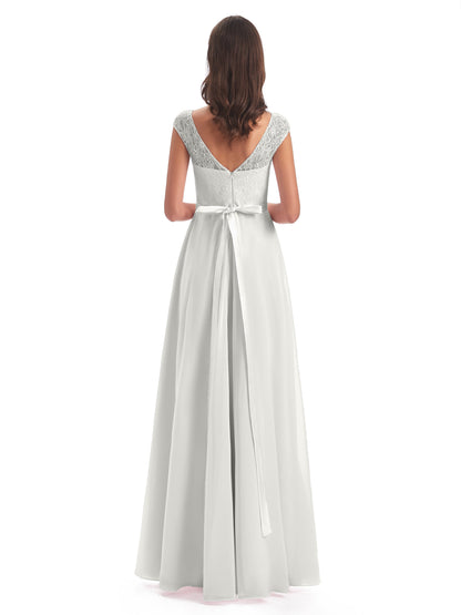 Treasure Cap Sleeves Lace Long Bridesmaid Dresses