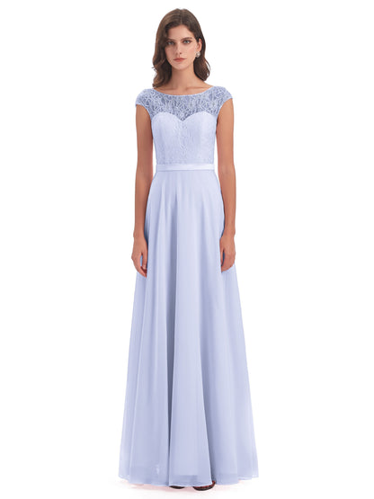 Treasure Cap Sleeves Lace Long Bridesmaid Dresses