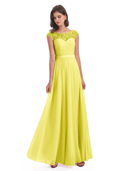 Treasure Cap Sleeves Lace Long Bridesmaid Dresses