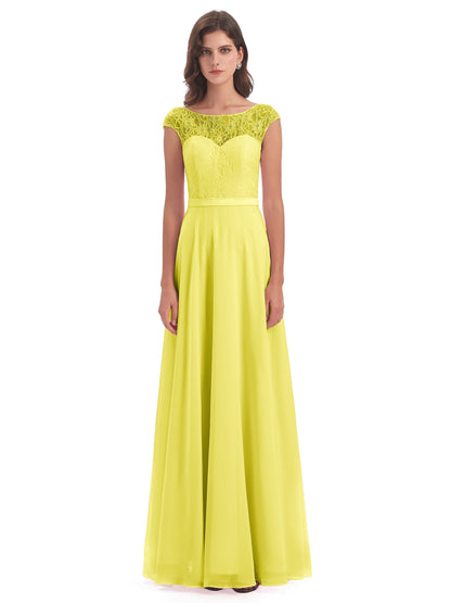 Treasure Cap Sleeves Lace Long Bridesmaid Dresses