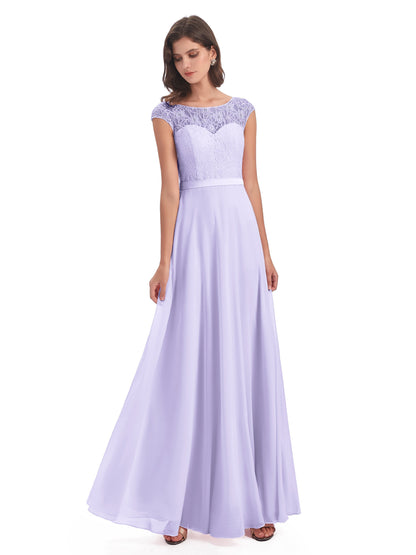 Treasure Cap Sleeves Lace Long Bridesmaid Dresses