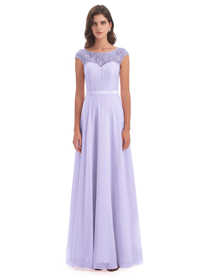 Treasure Cap Sleeves Lace Long Bridesmaid Dresses