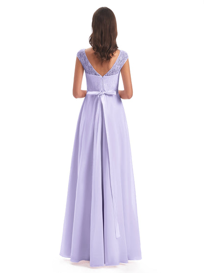 Treasure Cap Sleeves Lace Long Bridesmaid Dresses
