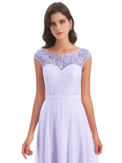 Treasure Cap Sleeves Lace Long Bridesmaid Dresses