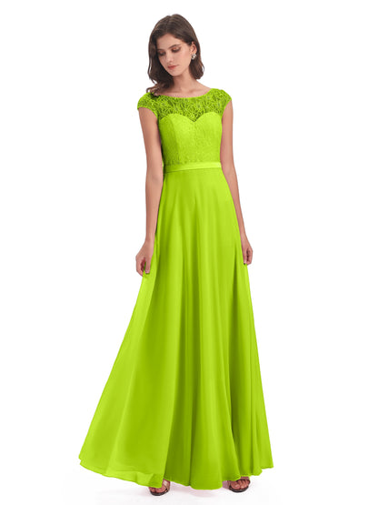 Treasure Cap Sleeves Lace Long Bridesmaid Dresses