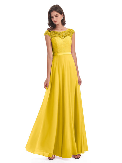 Treasure Cap Sleeves Lace Long Bridesmaid Dresses