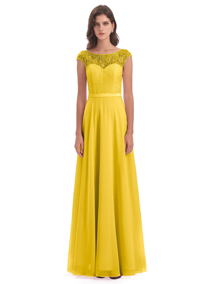 Treasure Cap Sleeves Lace Long Bridesmaid Dresses