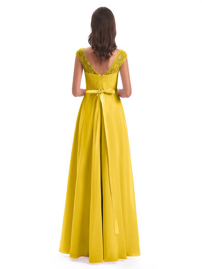 Treasure Cap Sleeves Lace Long Bridesmaid Dresses