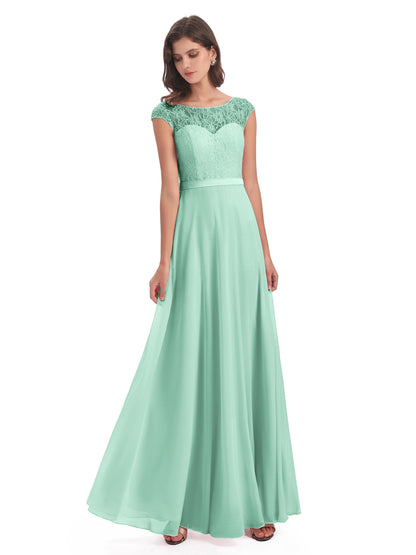 Treasure Cap Sleeves Lace Long Bridesmaid Dresses