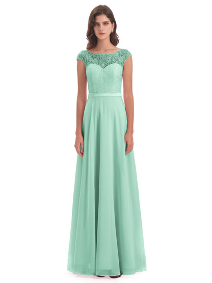 Treasure Cap Sleeves Lace Long Bridesmaid Dresses